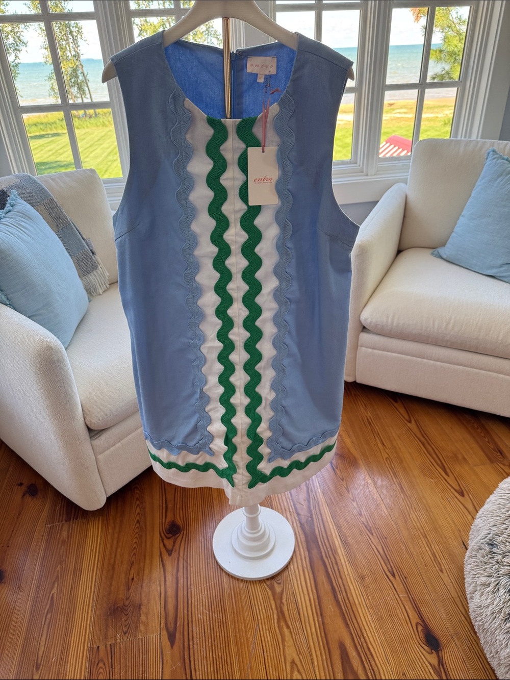 entro Light Blue Sleeveless Shift Dress with White Panel and Green Rickrack